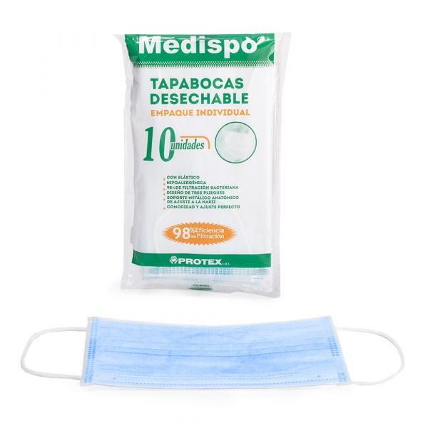 Tapabocas desechables elastico 10 uds Medispo Protex