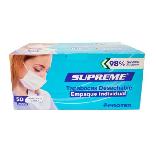 TAPABOCAS DESECHABLE ELÁSTICO EMPAQUE INDIVIDUAL SUPREME